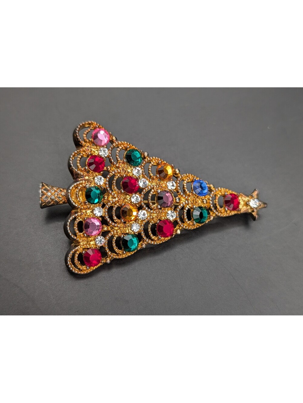 Vintage Eisenberg Ice Christmas Tree Brooch Multicolor Rhinestone Holiday Pin